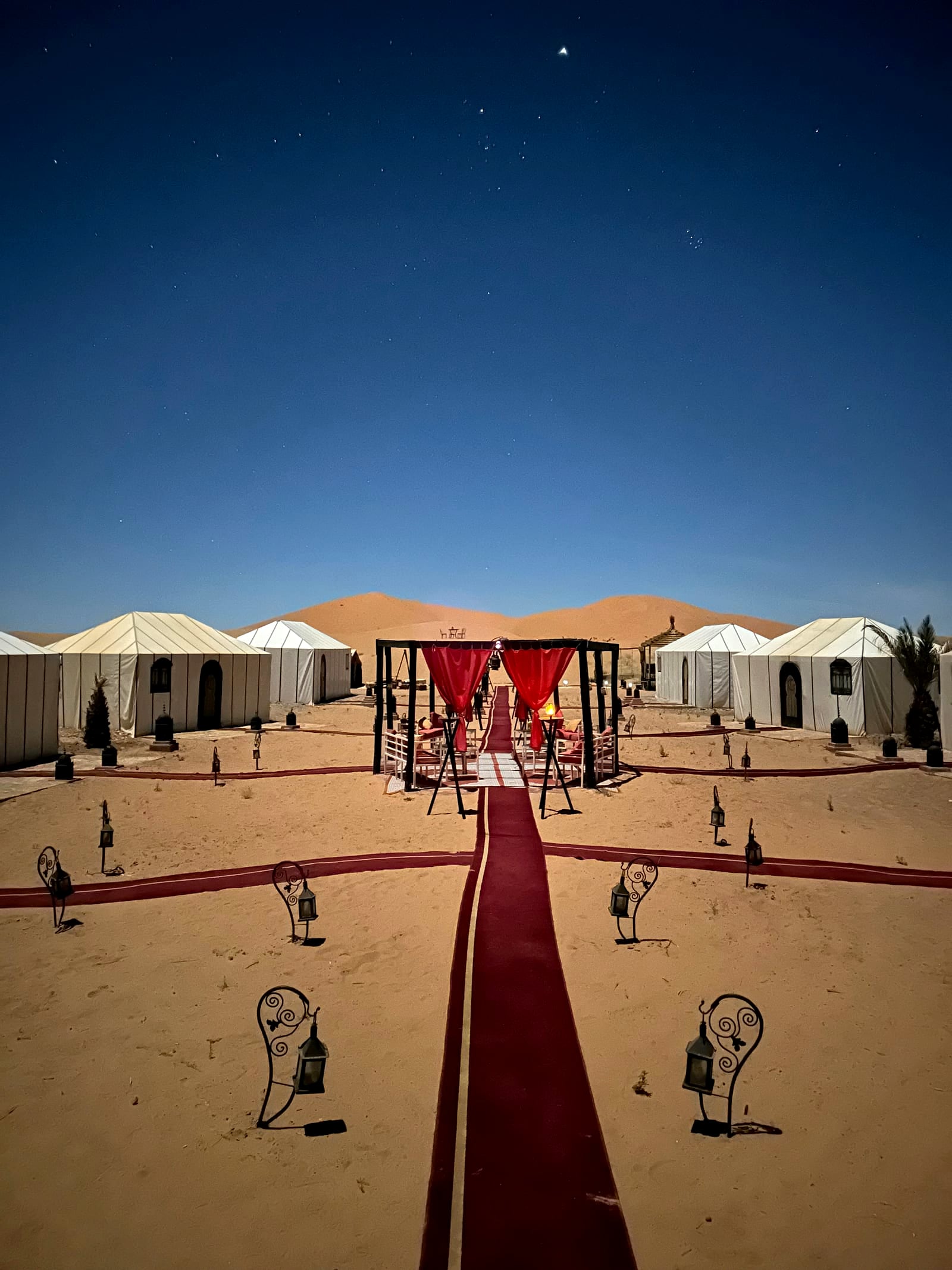 Lantern-lined pathway through a Sahara desert camp under a starry night sky